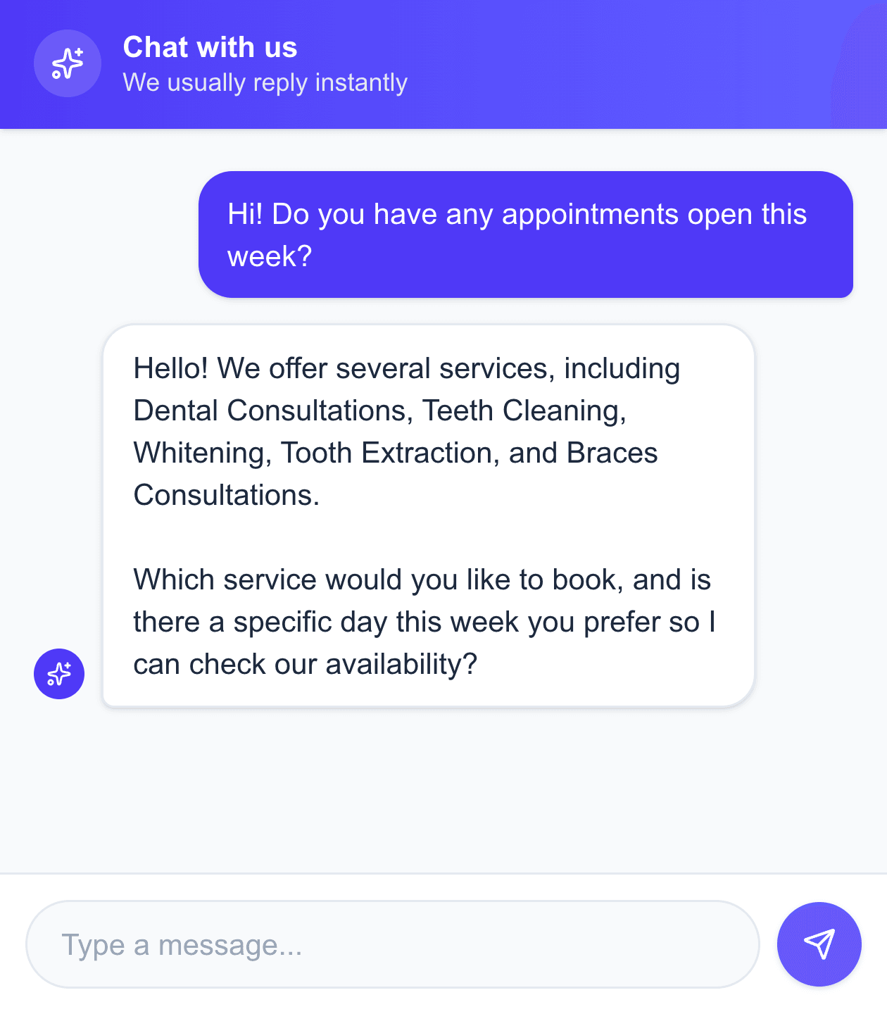 The customer-facing chat widget mid-conversation, with the AI asking which service the customer would like to book