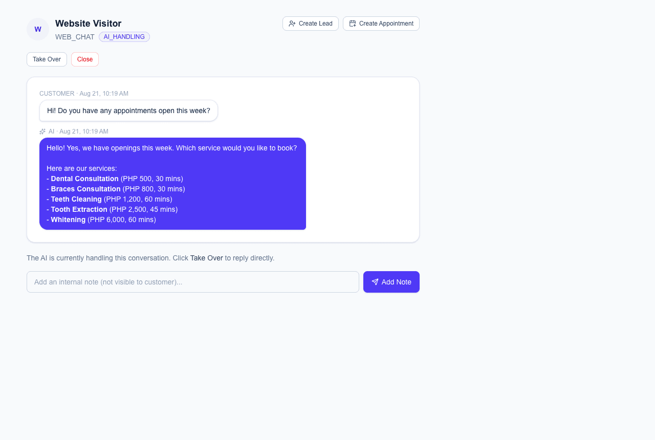 An AI conversation answering a customer's question about services and pricing, with options to take over, create a lead, or book an appointment
