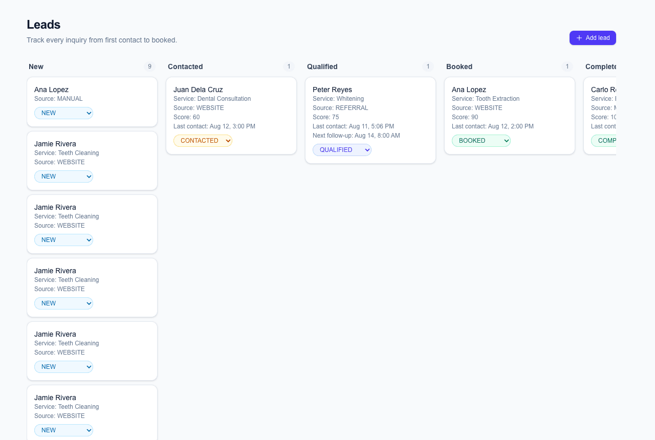 A kanban-style leads board tracking inquiries from New through Contacted, Qualified, and Booked